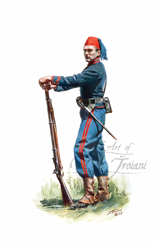 Painting of a soldier in blue uniform with a rifle, standing in a natural setting.