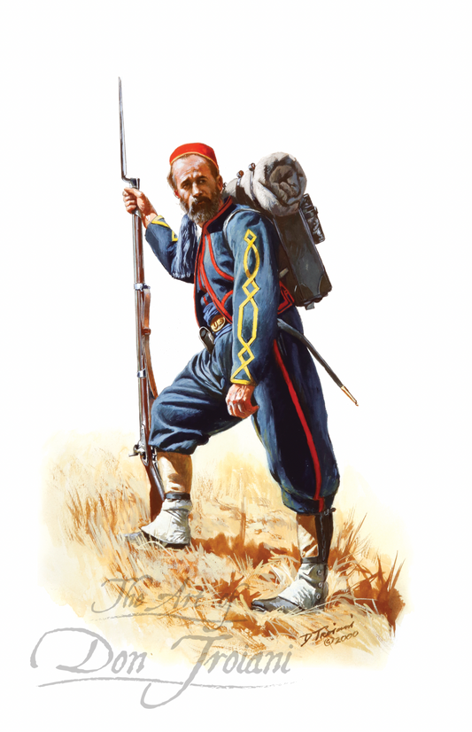 Zouave Company. Painting of a soldier in historical military uniform with a rifle and backpack on a white background.