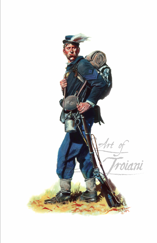 42nd Pennsylvania Volunteers (Bucktails). Artistic depiction of a soldier in uniform with a rifle and backpack.