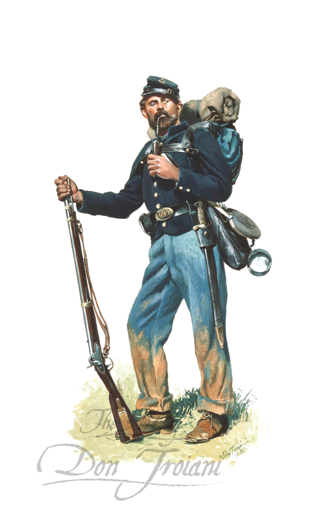 45th New York Volunteers. Illustration of a soldier in Civil War uniform holding a rifle and a saddlebag.