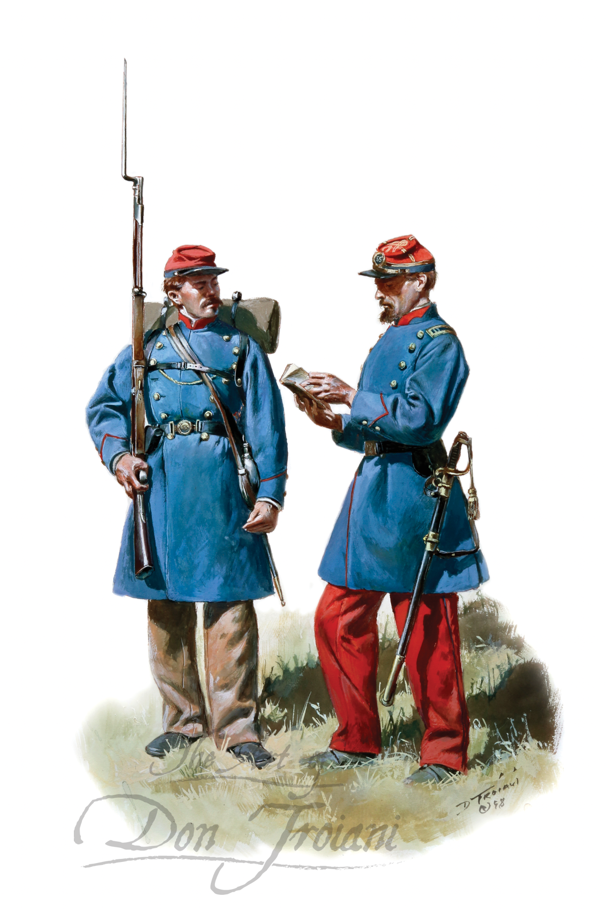 55th New York Volunteers, Lafayette Guard Two soldiers in blue uniforms with red accents standing outdoors, holding rifles and a map.