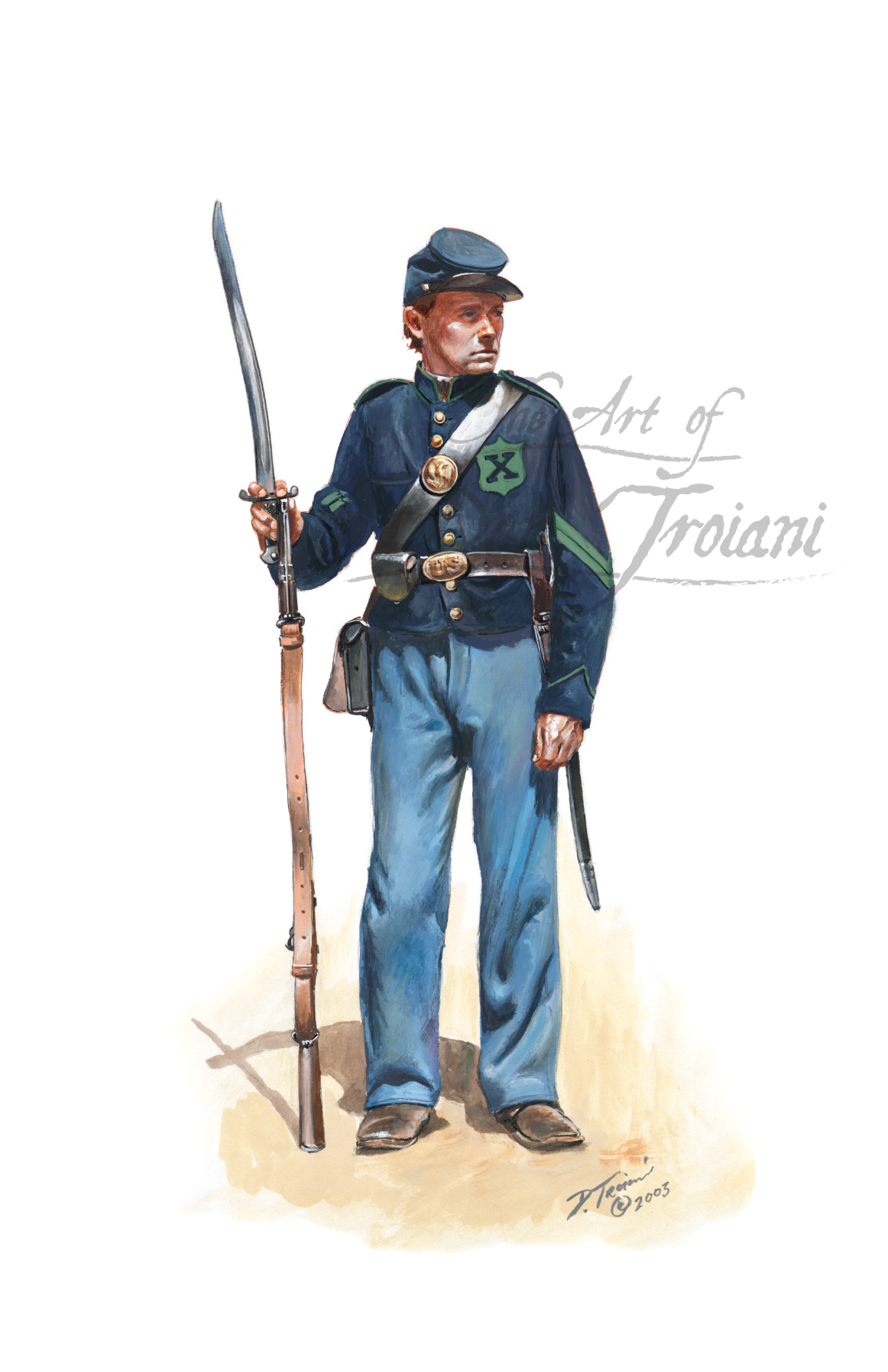 56th New York Volunteers. Illustration of a soldier in blue uniform holding a rifle and sword on a white background.