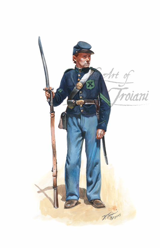 56th New York Volunteers. Illustration of a soldier in blue uniform holding a rifle and sword on a white background.