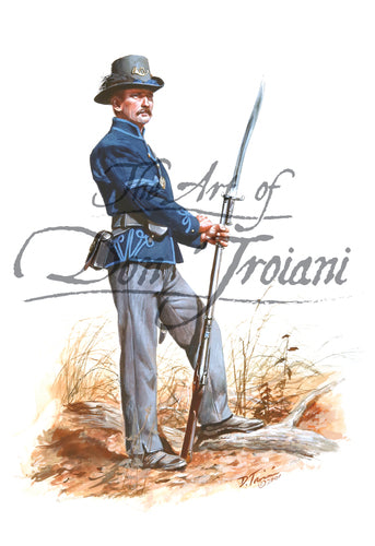 Don Troiani wall art print 65th New York Volunteers. Soldier has a blue coat.