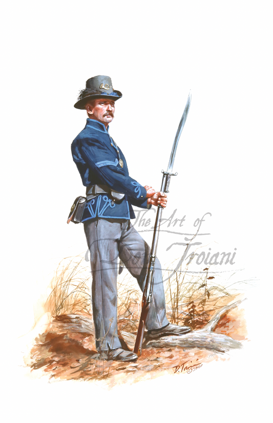 65th New York Volunteers. Illustration of a soldier in uniform holding a sword.