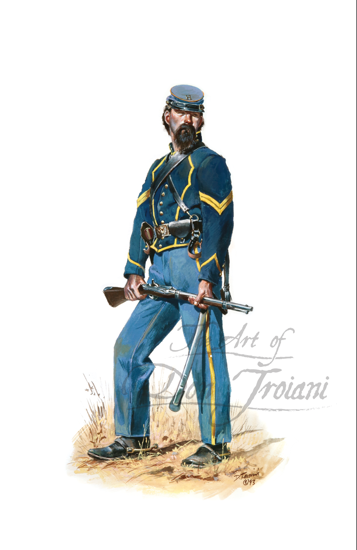 2nd Missouri Cavalry. Illustration of a soldier in blue uniform holding a rifle on a white background with Troiani's signature.