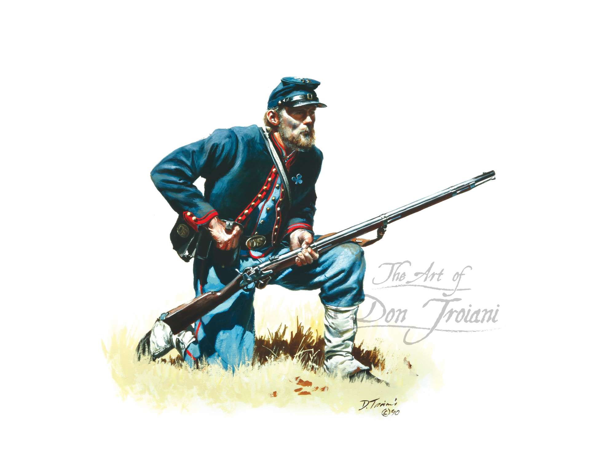 Baxter Zouaves. Illustration of a soldier in blue uniform holding a rifle on a white background, signed 'The Art of Don Troiani'.
