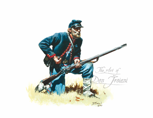 Baxter Zouaves. Illustration of a soldier in blue uniform holding a rifle on a white background, signed 'The Art of Don Troiani'.