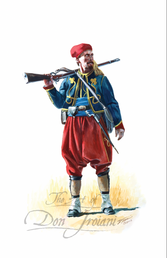 Excelsior Brigade. Illustration of a historical soldier in red and blue uniform holding a rifle on a white background.