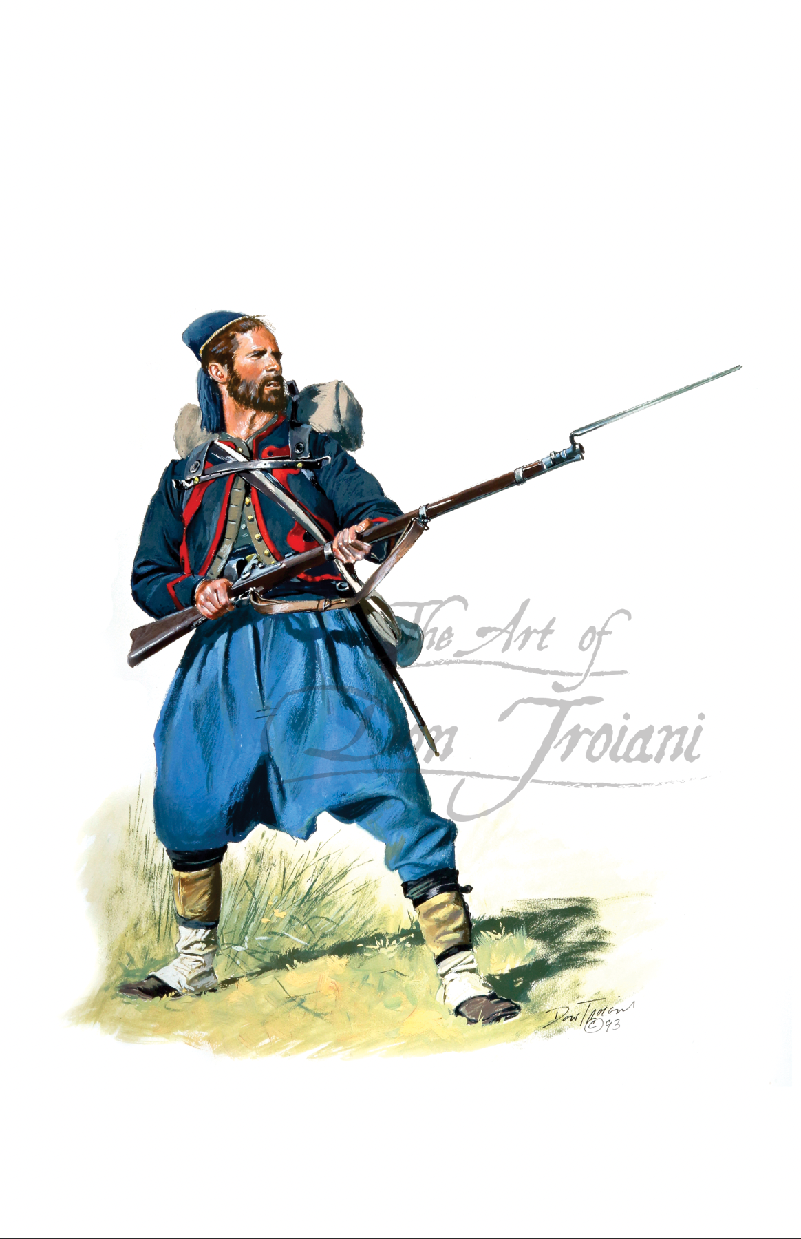 Keystone Zouaves. Illustration of a soldier in blue uniform with a rifle.