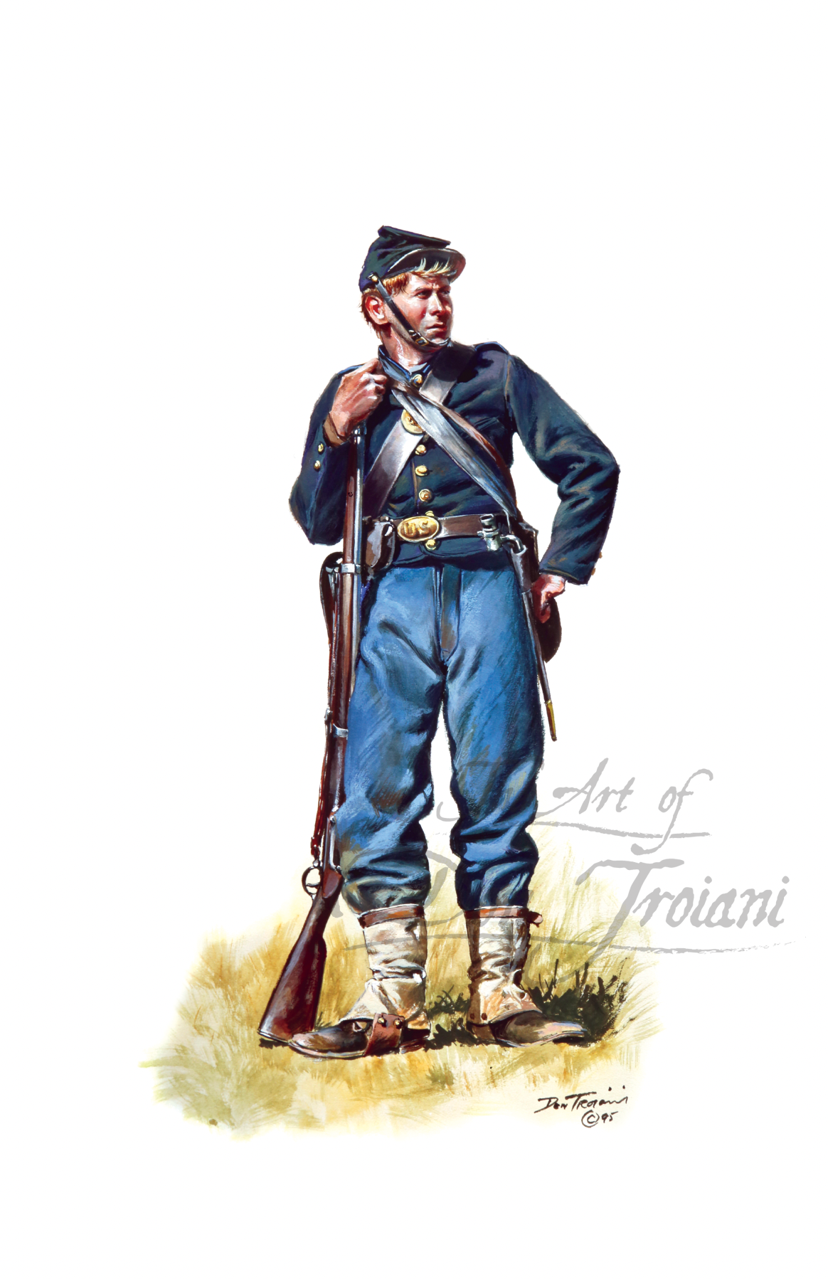 Irish Brigade. Painting of a Union soldier in Civil War uniform holding a rifle on a white background.
