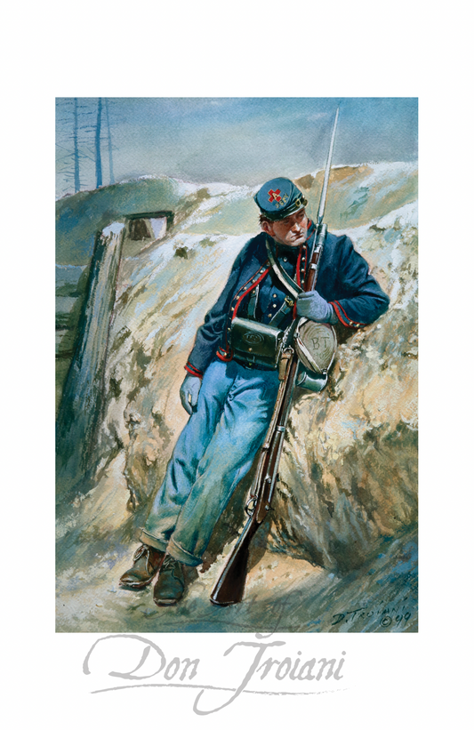 Gosline Zouaves. Painting of a soldier in military uniform with a rifle, standing in a snowy landscape.