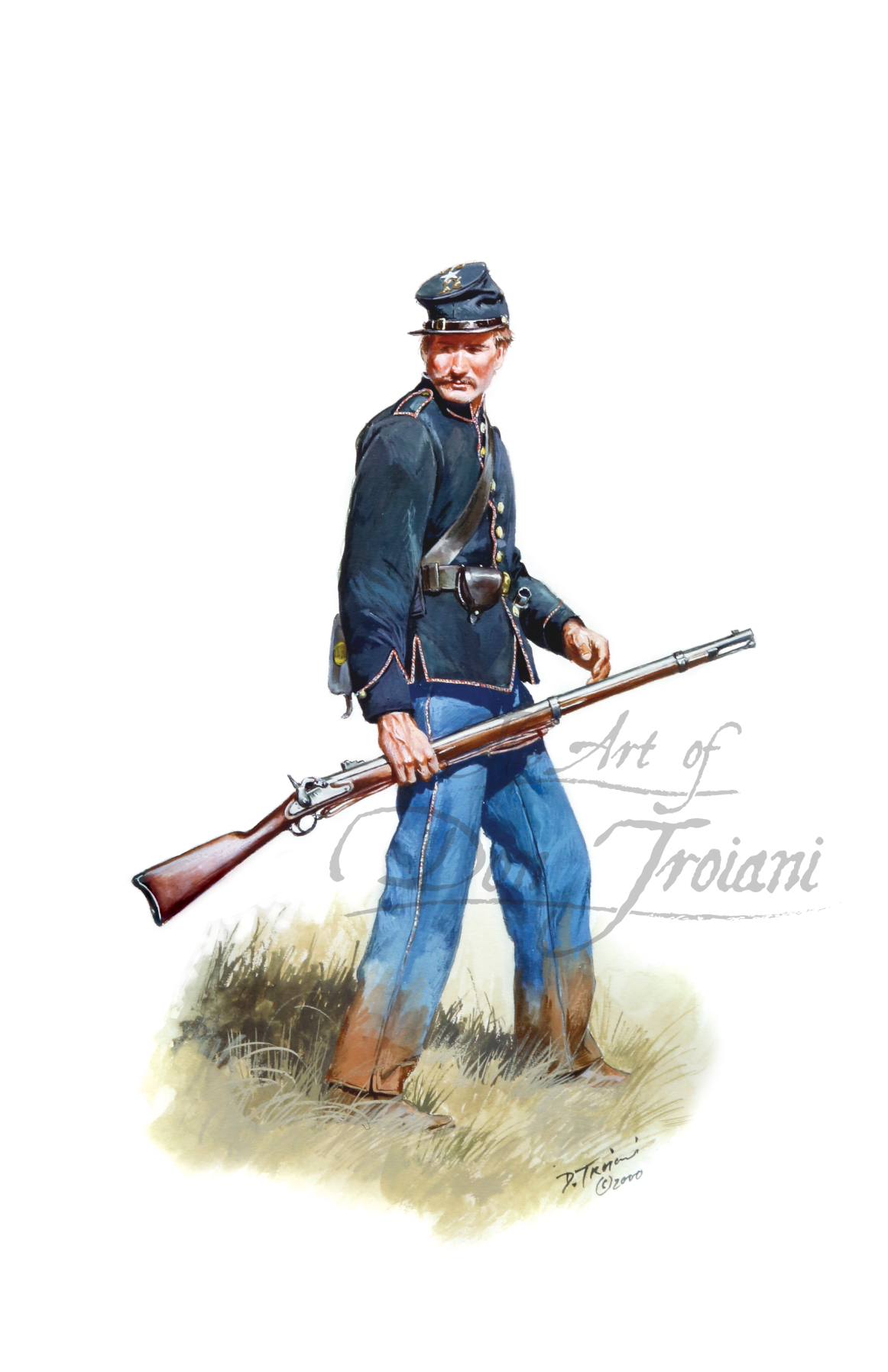 109th Pennsylvania Volunteer. Illustration of a soldier in blue uniform holding a rifle on a white background.