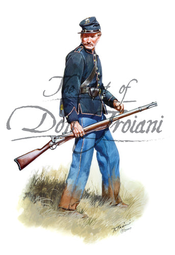 Collectible wall art print 109th Pennsylvania Volunteer Infantry. Soldier is wearing a blue uniform and holding a musket.