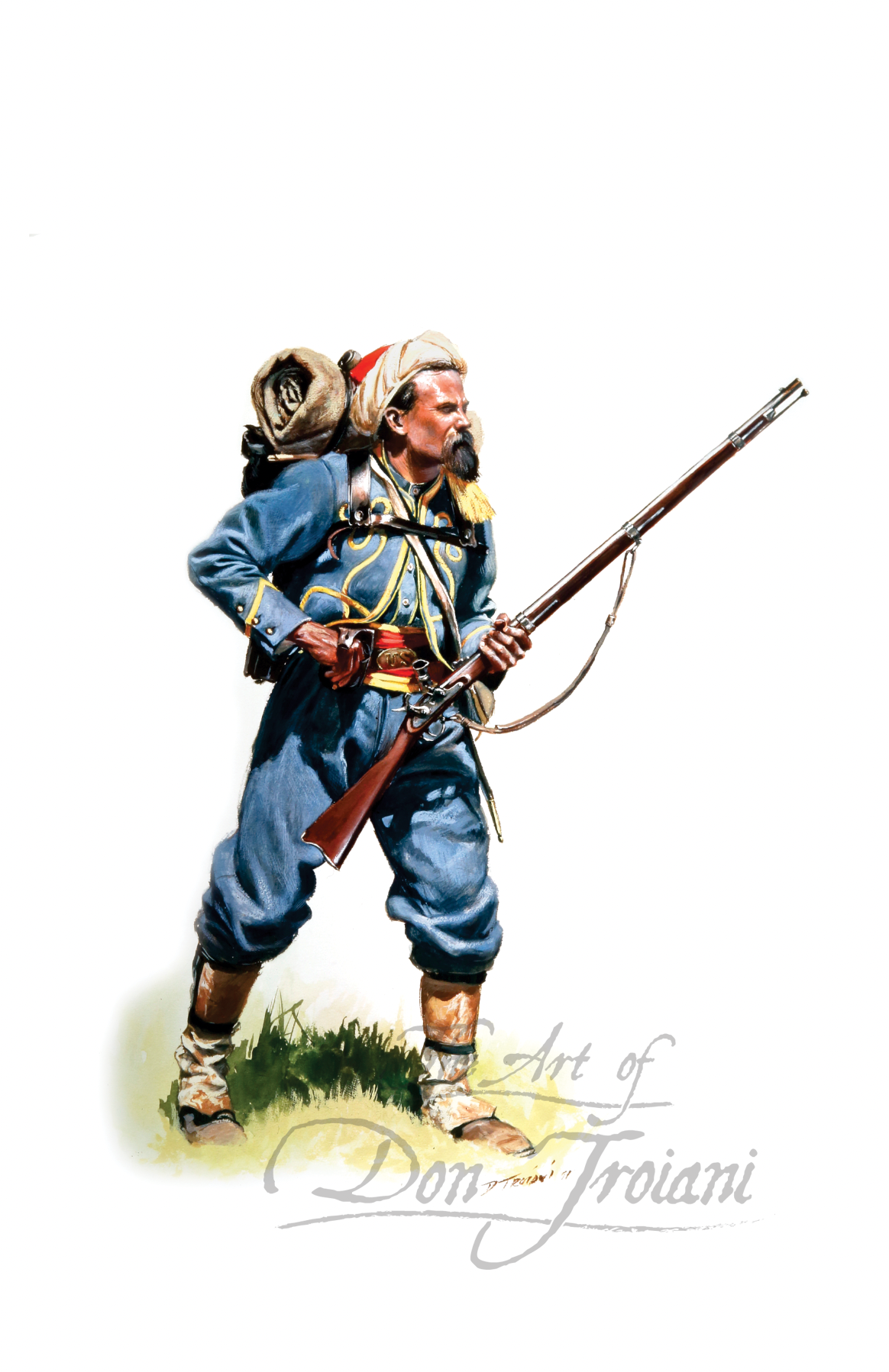 146th New York Zouaves. Illustration of a soldier in historical military uniform with a rifle on a white background, signed 'Art of Don Troiani'.
