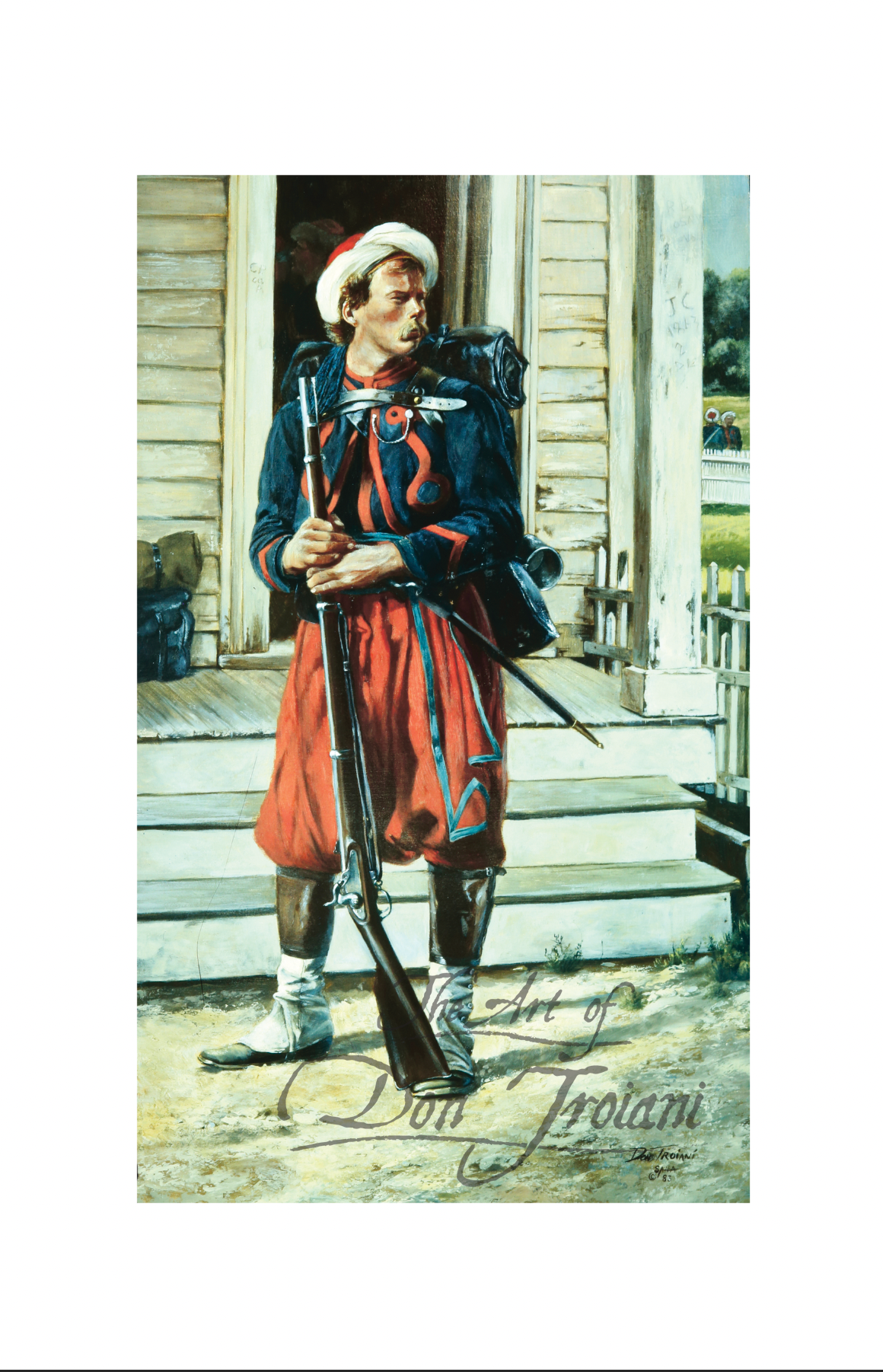 2nd Duryee Zouaves. Painting of a soldier in colonial attire holding a rifle on a porch.