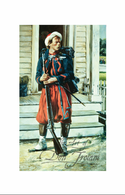 2nd Duryee Zouaves. Painting of a soldier in colonial attire holding a rifle on a porch.