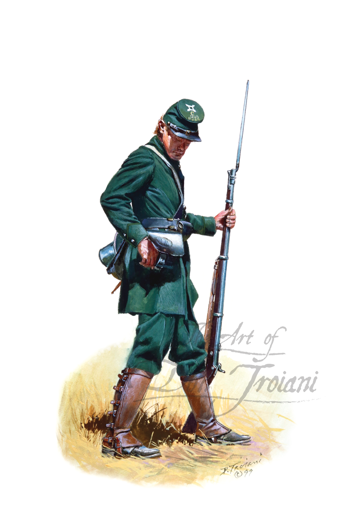 Birney's Sharpshooters. Painting of a soldier in green uniform with a rifle on a white background