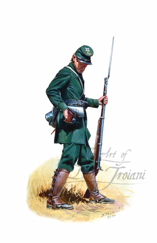 Birney's Sharpshooters. Painting of a soldier in green uniform with a rifle on a white background