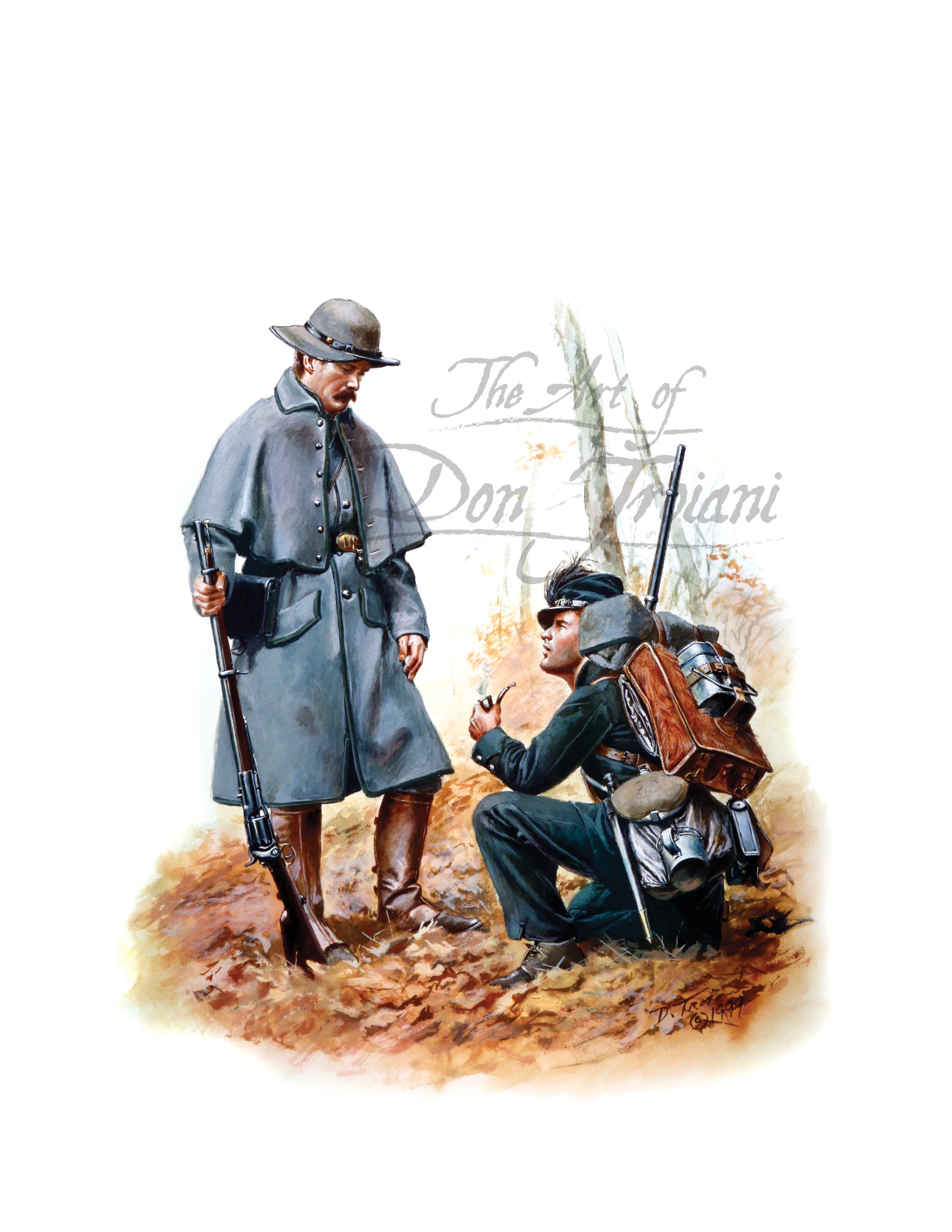 Berdan's. Two soldiers in Civil War uniforms with rifles on a white background, featuring the artist's signature.