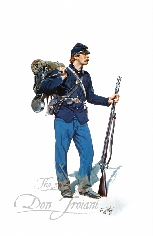 Typical Federal Infantryman In Campaign Dress. Illustration of a soldier in blue uniform with rifle and backpack on a white background