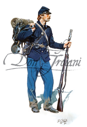 Don Troiani wall art print Typical Federal Infantryman In Campaign Dress. Soldier is wearing a blue uniform.