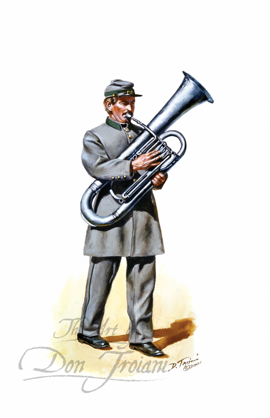 Irish Brigade Bandsman. Illustration of a man playing a tuba.
