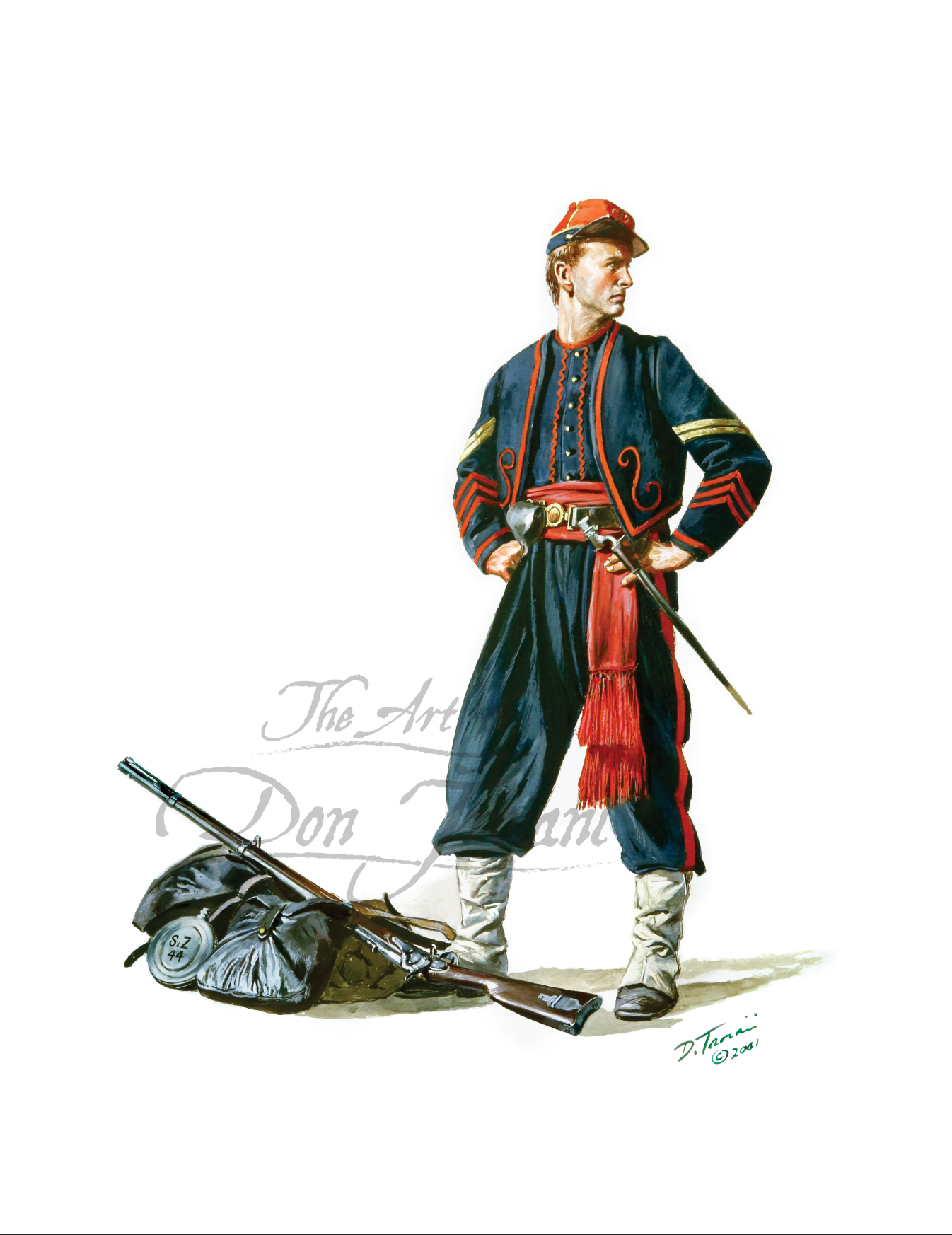 Salem Zouaves. Illustration of a soldier in a blue and red uniform with a rifle on a white background