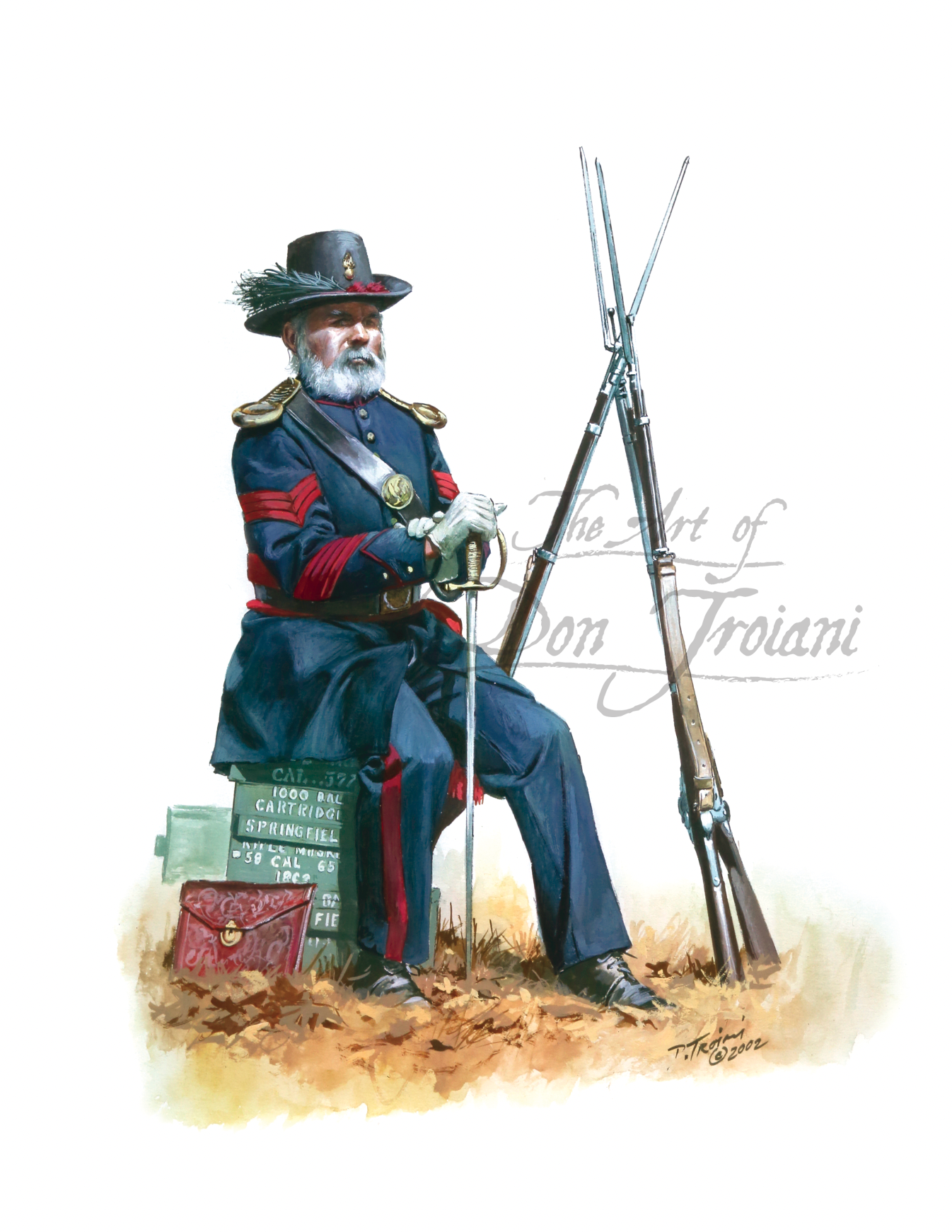 Sergeant Of Ordnance. Illustration of a soldier in Civil War uniform with rifles and supplies on a white background.