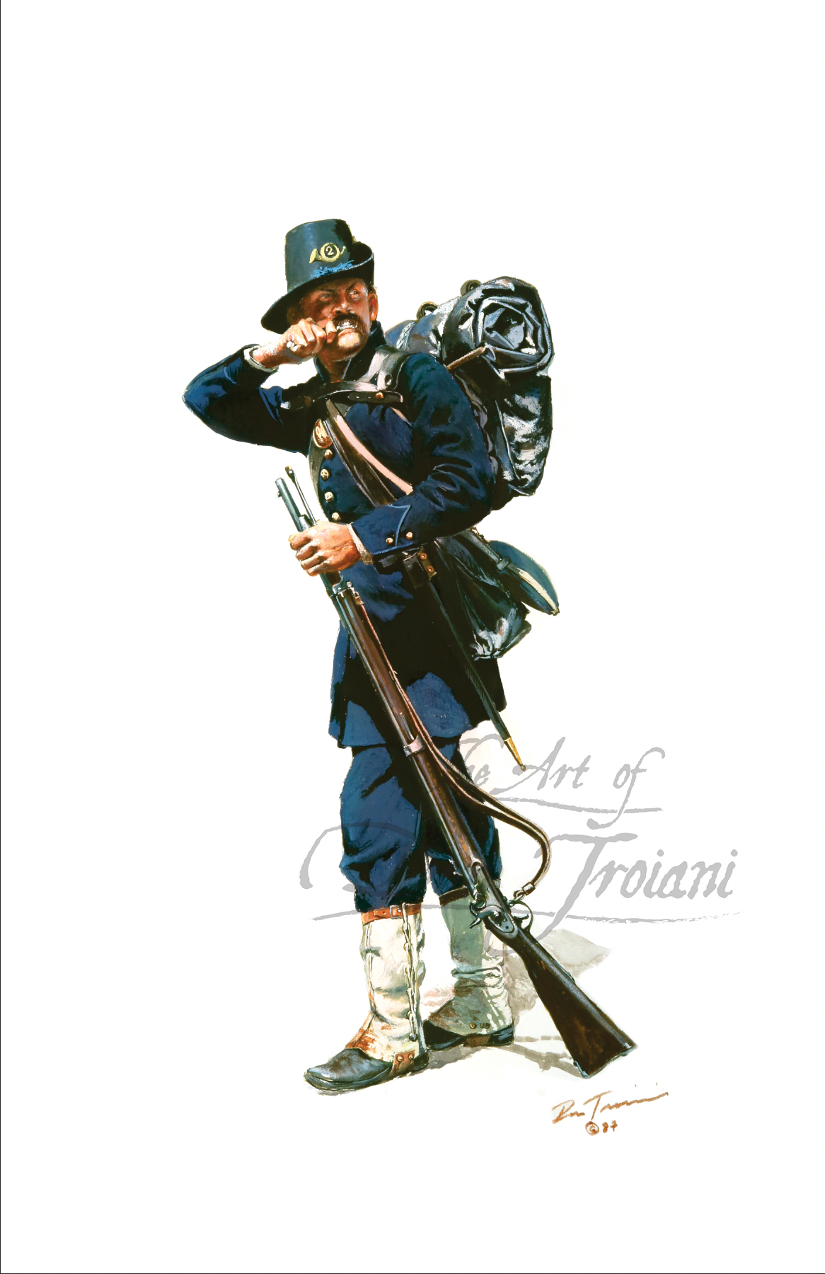 Iron Brigade. Artistic depiction of a soldier in blue uniform with rifle and backpack.