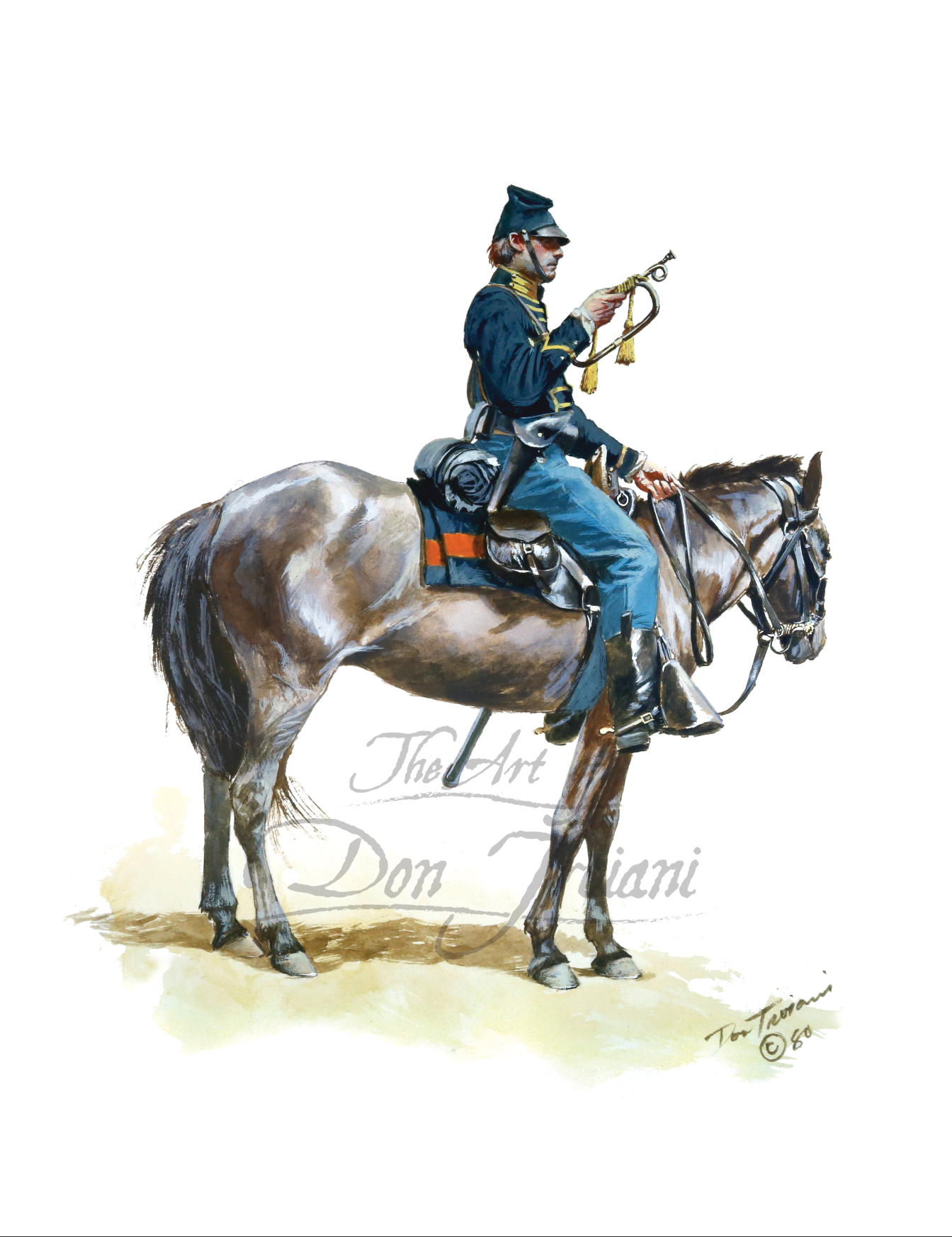 Union Cavalry Bugler 1. Painting of a soldier on horseback with a rifle, signed 'The Art of Don Troiani'.