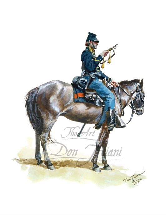 Union Cavalry Bugler 1. Painting of a soldier on horseback with a rifle, signed 'The Art of Don Troiani'.