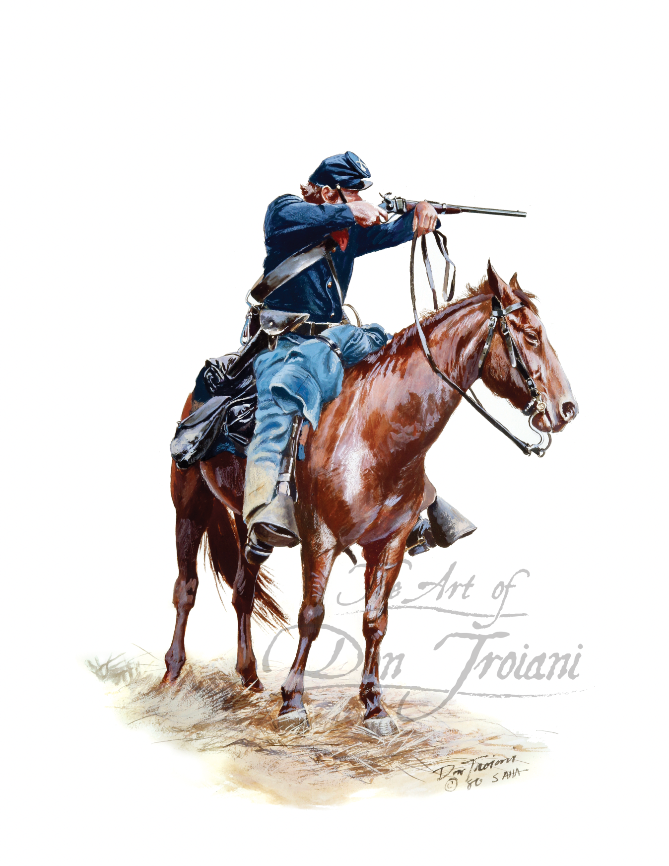 Union Cavalry With Carbine. Painting of a man on horseback with a rifle.