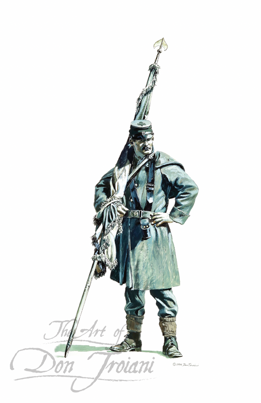 Union Color Bearer. Illustration of a soldier in historical military uniform holding a flag on a white background, signed 'The Art of Don Troiani'.
