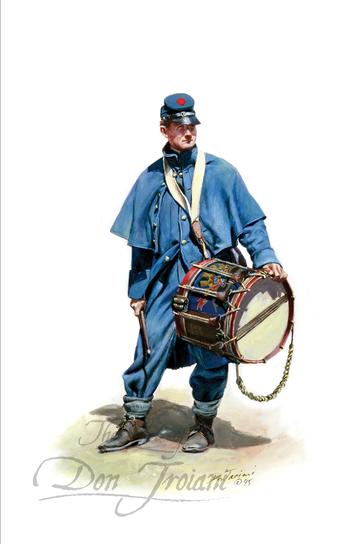 Union Drummer Boy In Overcoat. Illustration of a soldier in blue uniform with a drum on a white background