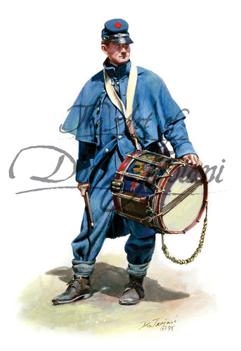 Don Troiani wall art print Union Drummer Boy In Overcoat. He has blue overcoat.
