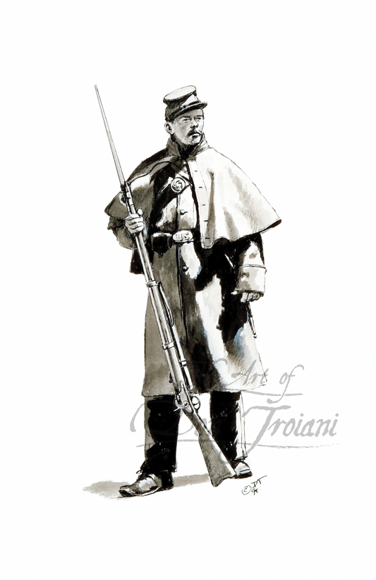 Union Soldier in Overcoat. Black and white illustration of a soldier holding a rifle.
