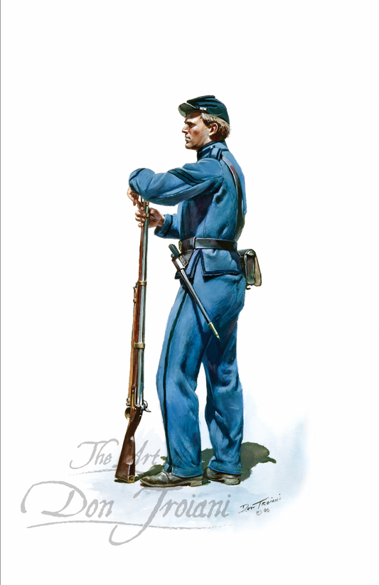 Veteran Reserve Corps. Illustration of a soldier in blue uniform holding a rifle on a white background