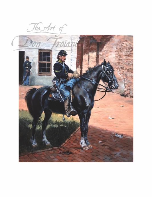 Union Cavalryman. Painting of a soldier on horseback with 'The Art of Don Troiani' logo.