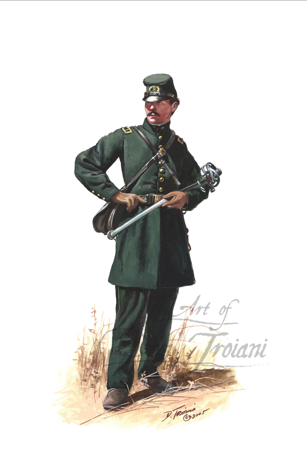 Officer Berdan's Sharpshooter. Illustration of a soldier in green uniform holding a sword on a white background.
