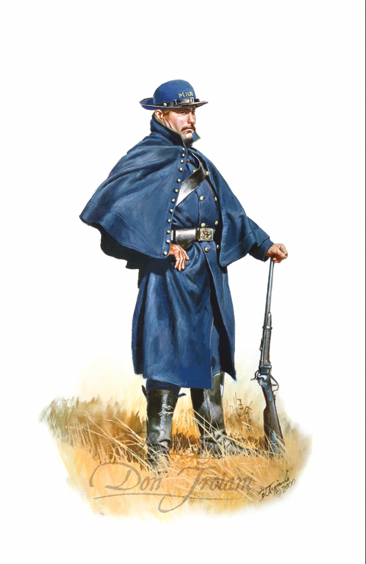 3rd Massachusetts Cavalry. Painting of a soldier in blue uniform holding a rifle on a white background