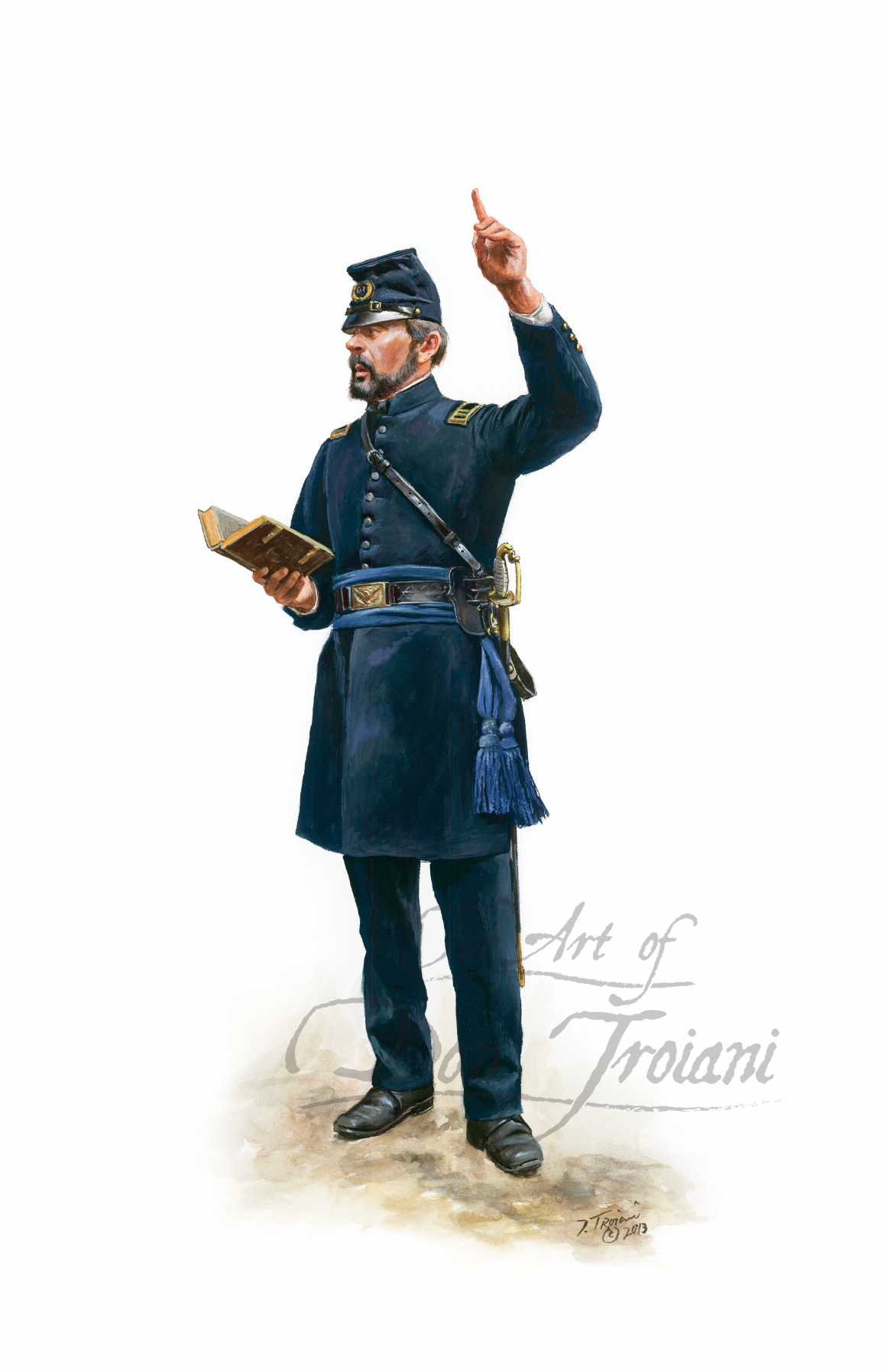 Union Army Chaplain Painting of a military officer in a blue uniform with a book, pointing upwards.