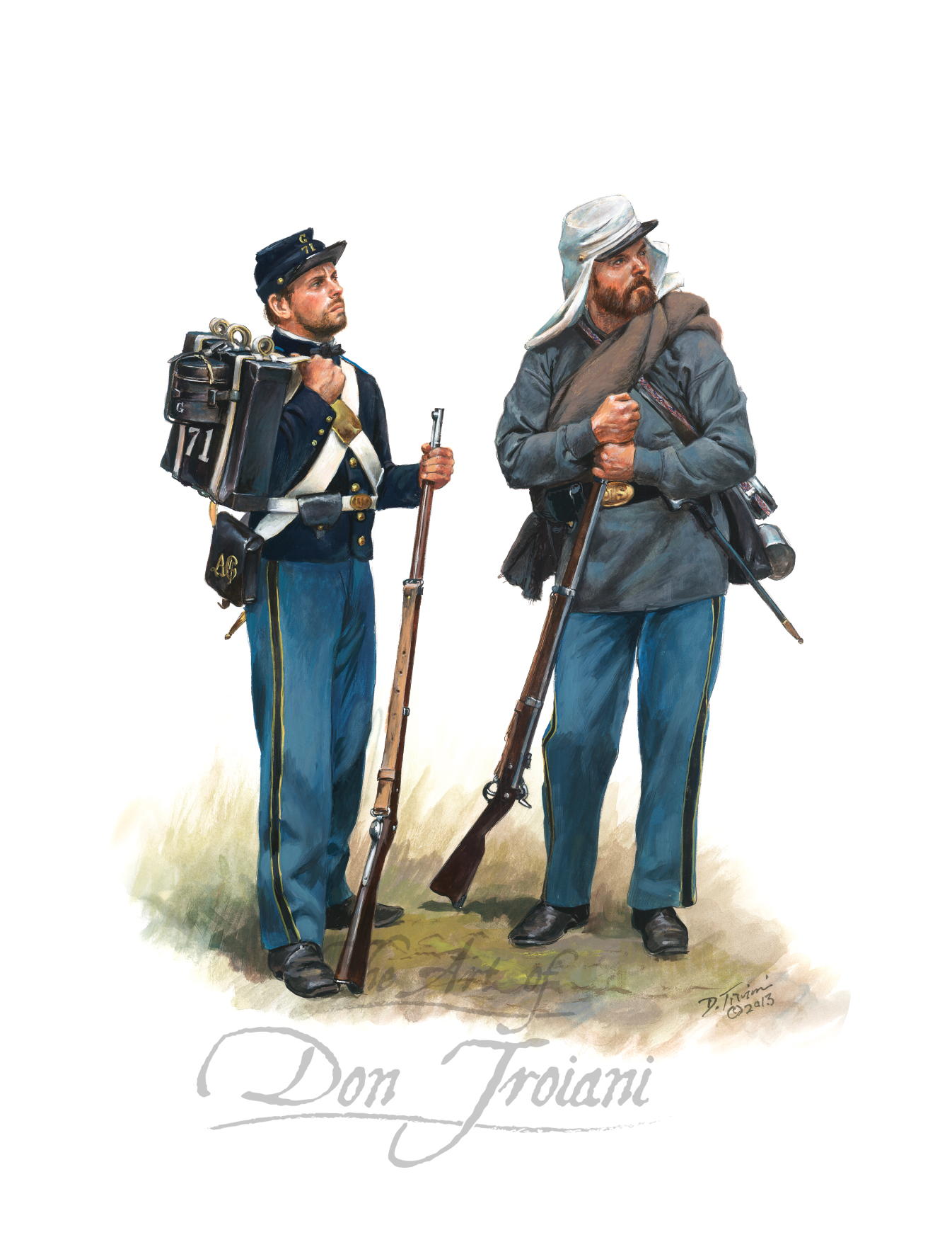71st New York State Militia. Two soldiers in Civil War uniforms with rifles and backpacks on a white background.
