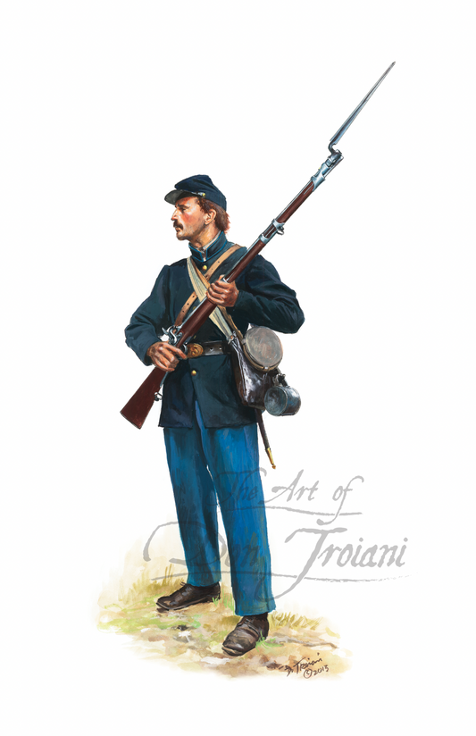 15th Wisconsin Regiment. Illustration of a Civil War soldier in blue uniform holding a rifle on a white background.