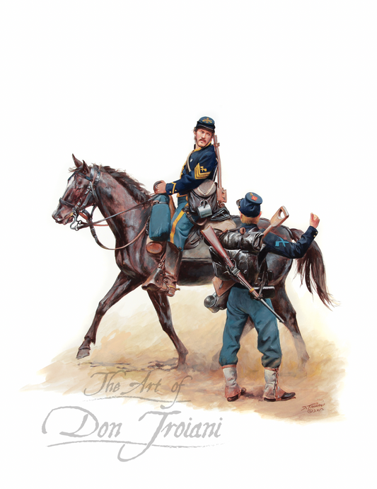Army Of The Potomac Pioneers. Illustration of a soldier on horseback with another soldier on foot, both in military uniforms, with 'The Art of Don Troiani' signature.