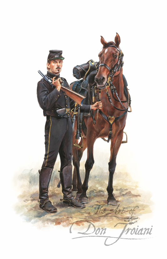 Fremont's Body Guard. Painting of a soldier with a rifle standing next to a horse, signed 'The Art of Don Troiani'.