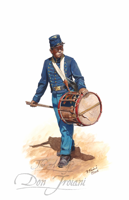 54th Massachusetts Drummer. Illustration of a drummer in Civil War uniform holding a drum on a white background