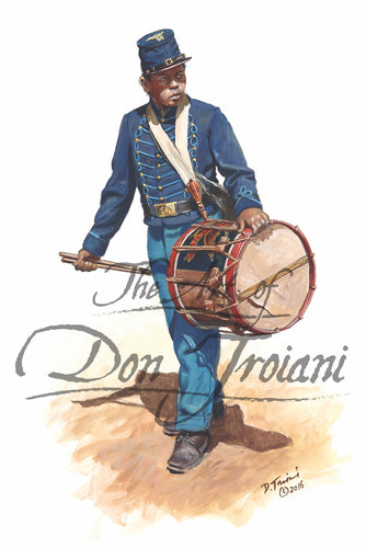 Don Troiani wall art print 54th Massachusetts Drummer. Black soldier is carrying a drum.