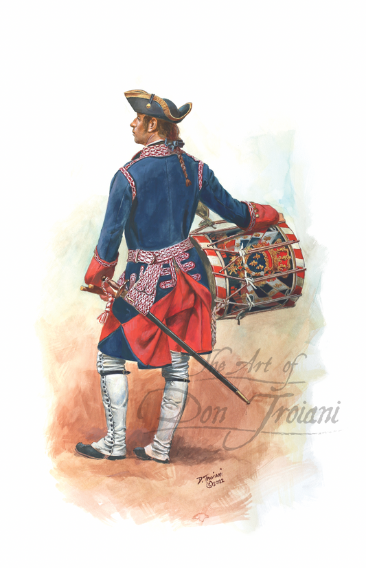 Illustration of a drummer in colonial military uniform with a drum on a white background