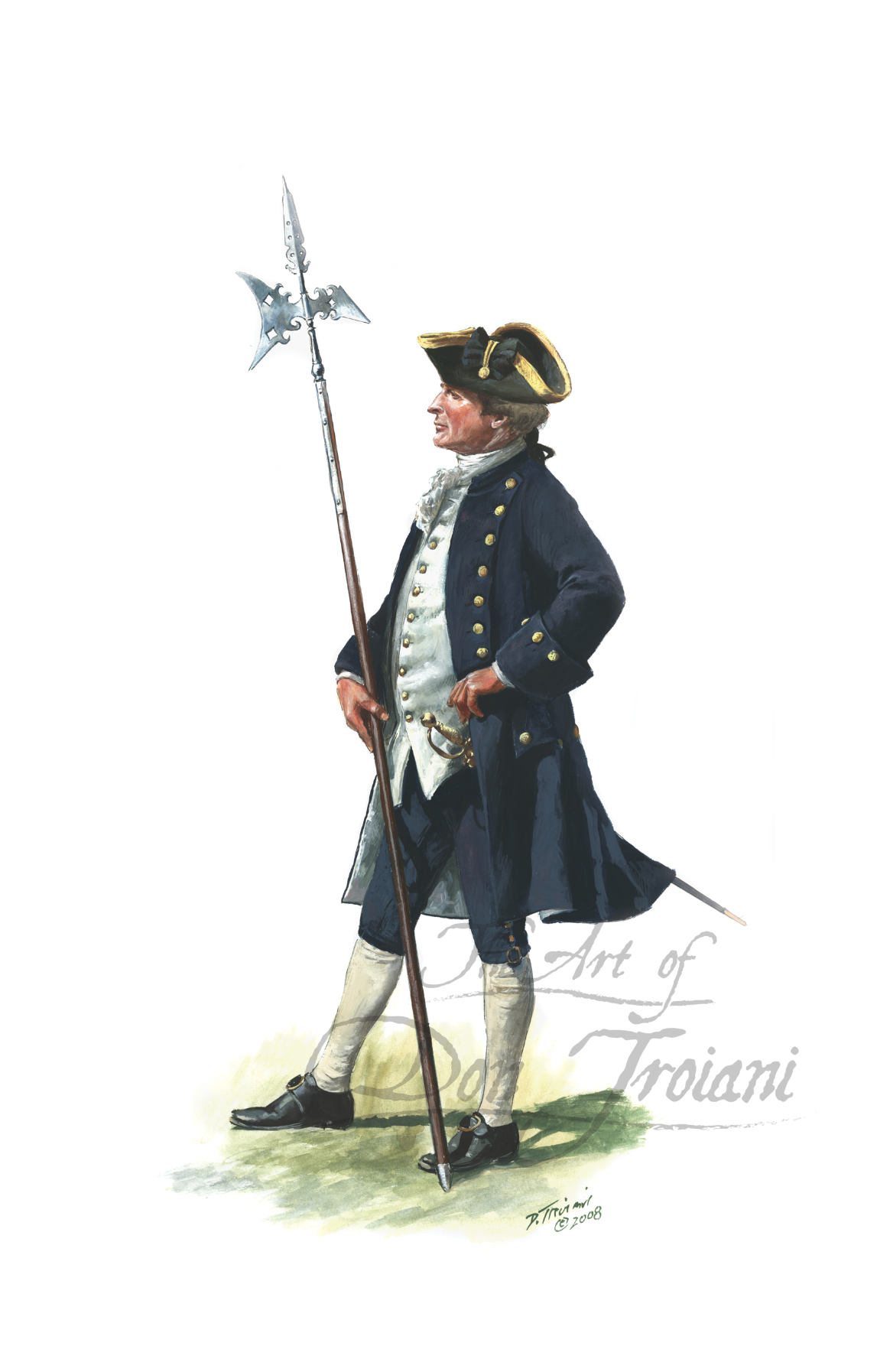 Illustration of a historical figure in uniform holding a spear on a white background.